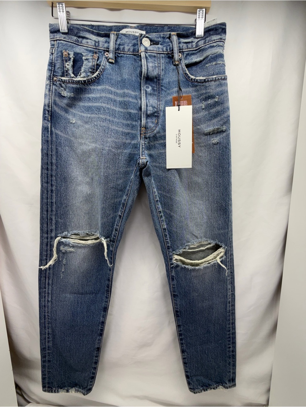 MOUSSY VINTAGE Straight Tapered Jeans Size 27 Distressed Knee Rip Denim Japan NW